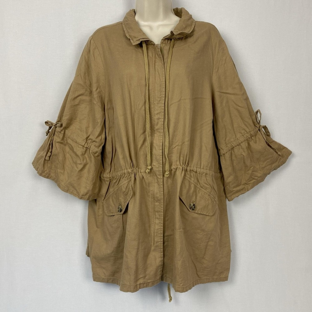 Karen Kane Jacket Women's 1X Tan Tencel Ruffle Sleeve Military Utility Cargo